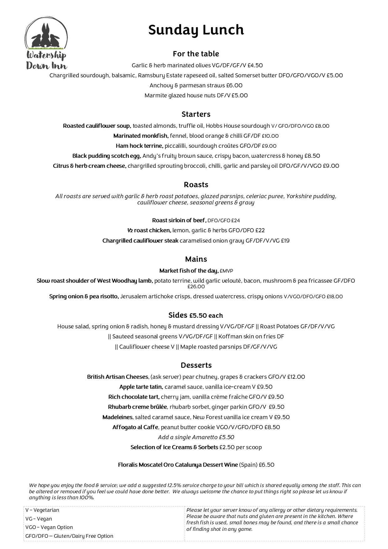 Spring 2026 Sunday Menu